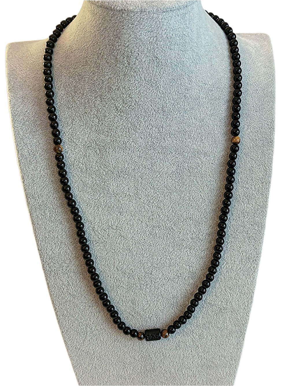 Vintage Black Beaded Tibetan Buddhist Prayer Necklace with Tigers Eye